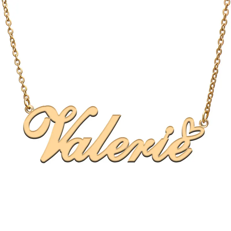 Valerie Name with Love Heart Necklace for Women Stainless Steel Jewelry Nameplate Pendant Femme Mother Child Girls Gift