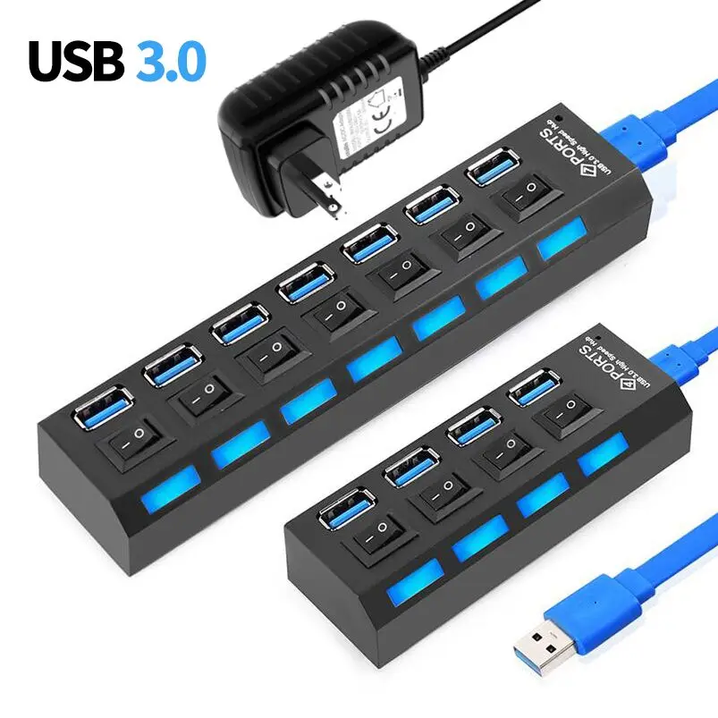 USB Hub 3.0 5Gbps High Speed 4/7 Port Hub Splitter With ON/OFF Switch Multi  Power Adapter High Speed Hub For PC Computer Laptop