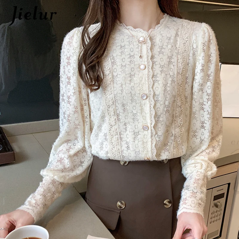 

Jielur Korean Lace Shirts for Women O-Neck Fashion Lantern Sleeve Blouses Patchwork OL Style Blusas Femme Tops S-XXL Spring