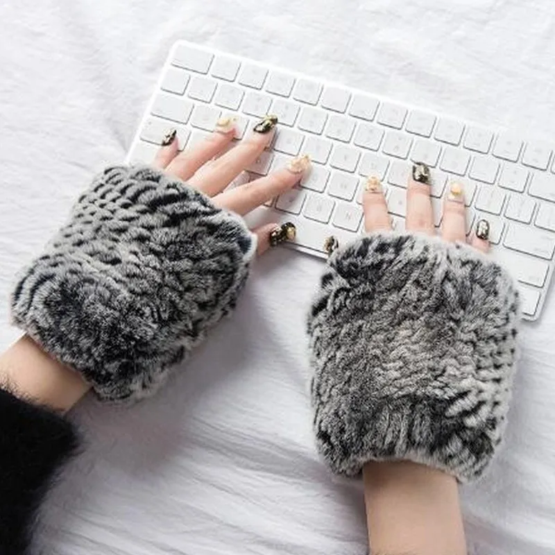 

ZDFURS* New Genuine Rex Rabbit Fur Gloves Knitted Women's Fingerless Wrist Gloves Mittens Real Fur Winter Gloves Soft Warm