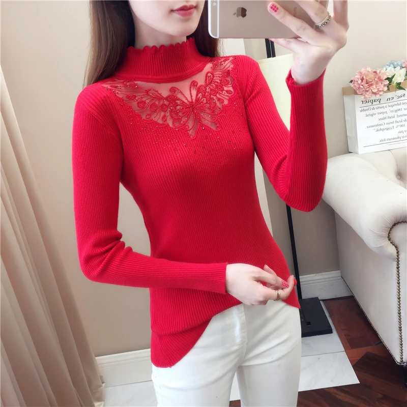 2022 Lace Winter Wave Turtleneck Pullovers Sexy Butterfly Hollow Out Autumn Red Sweaters Lady Diamond Full Sleeve Stretch Jumper