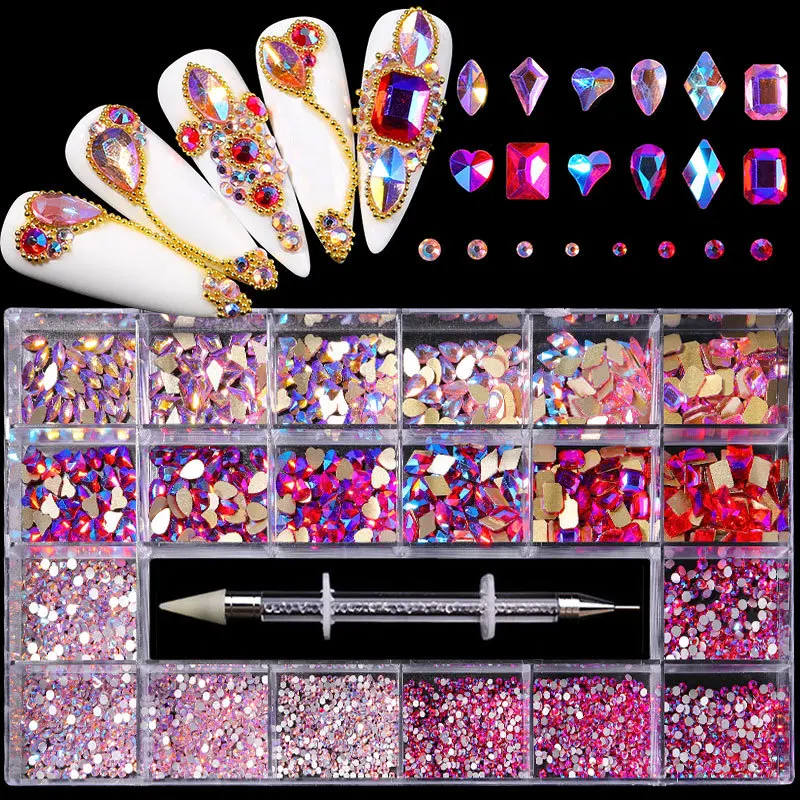 

Mixed AB Glass Crystal Diamond SS4-SS20 Flat Rhinestone Nail Art Decoration 21 Grid Box Nails Accessories Set With 1 Pick Up Pen