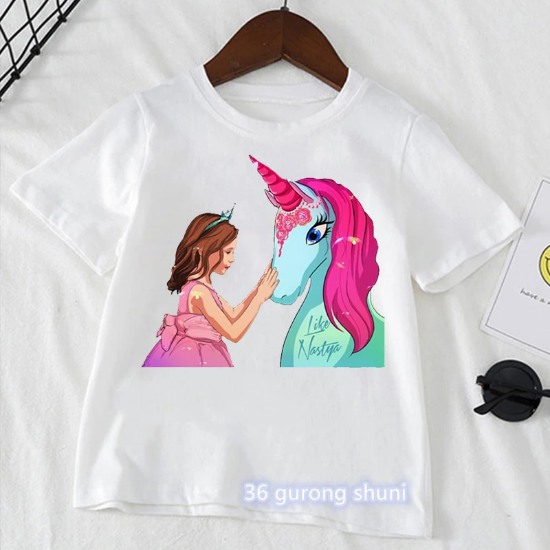 

Like Nastya Unicorn Print T-Shirt Summer Tops For Girls Harajuku Kawaii Kids Clothes Hip Hop Fashion Tshirt Children'S Clothing