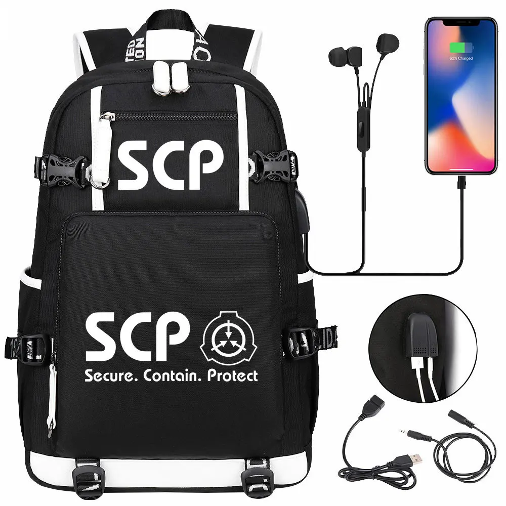 SCP Secure Contain Protect Backpack Black Bookbag Cartoon School Bags for Teenage Kids Travel Bagpack USB Laptop Shoulder Bags