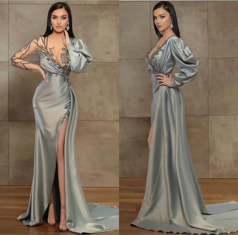 Silver Mermaid Evening Dresses Sheer Beading Neck Peplum Prom Dress Long Sleeve Side Split Formal Party Runway Fashion Gowns