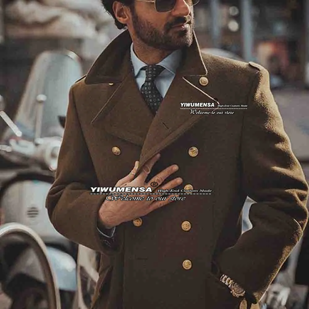 Autumn/Winter Brown Suit Jacket Slim Fit Tweed Wool&Blend Military Coat Long Double Breasted Overcoat Smoking Blazer Homme 2022