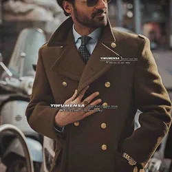 Autumn/Winter Brown Suit Jacket Slim Fit Tweed Wool&Blend Military Coat Long Double Breasted Overcoat Smoking Blazer Homme 2022