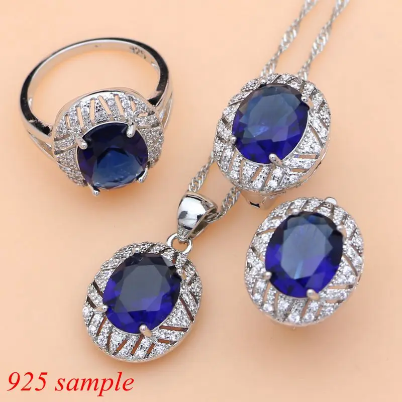 Blue Sapphire 925 Silver Jewelry Sets Gemstone Hoop Earrings Women Wdding Fine Jewellry Necklace Set Dropshipping image 6