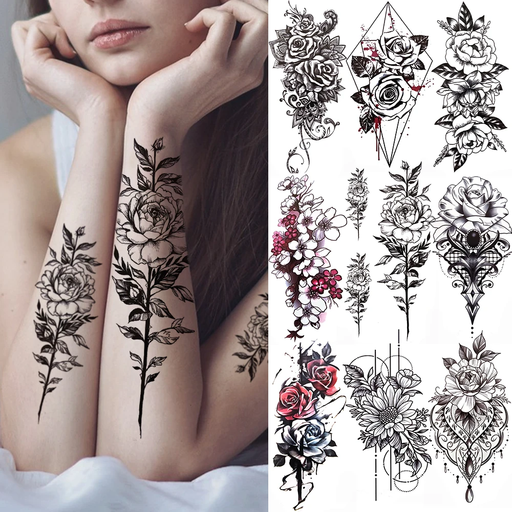 

Big Peony Rose Daisy Temporary Tattoo Fake Flower Geometry Fake Tatoo Jewelry Chains Lace Body Art Drawing Women Tattoo