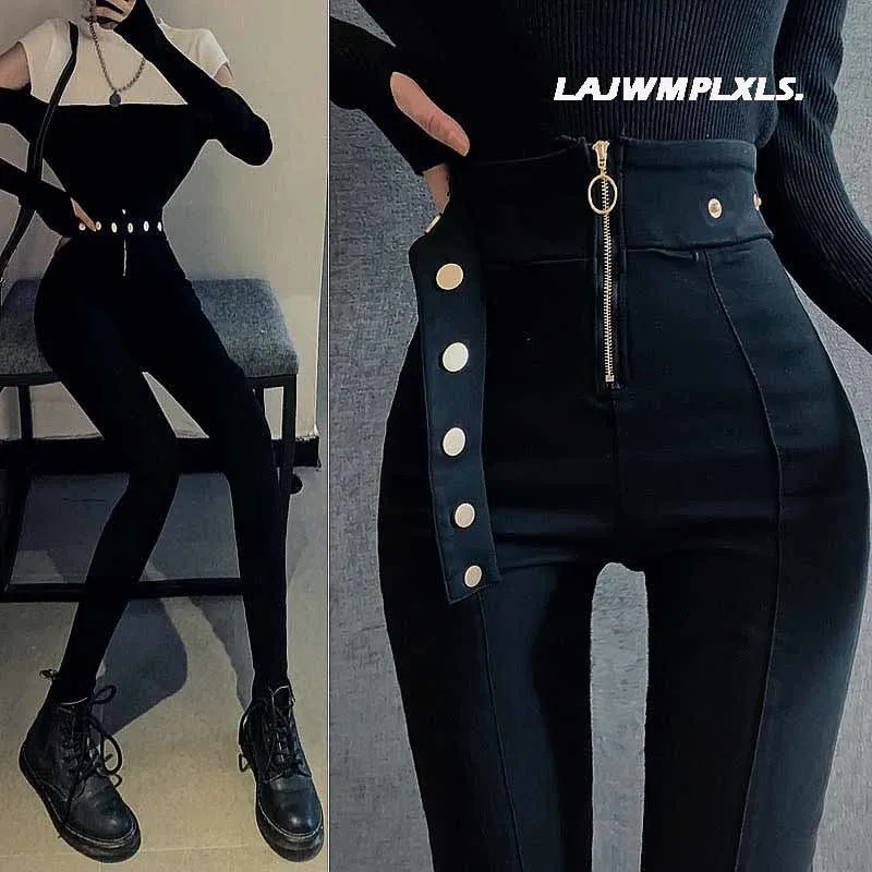 2022 Autumn Spring New Black leggings Casual Elastic High Waist stretch feet pants women\'s Metal Buttons was thin Pencil Pants