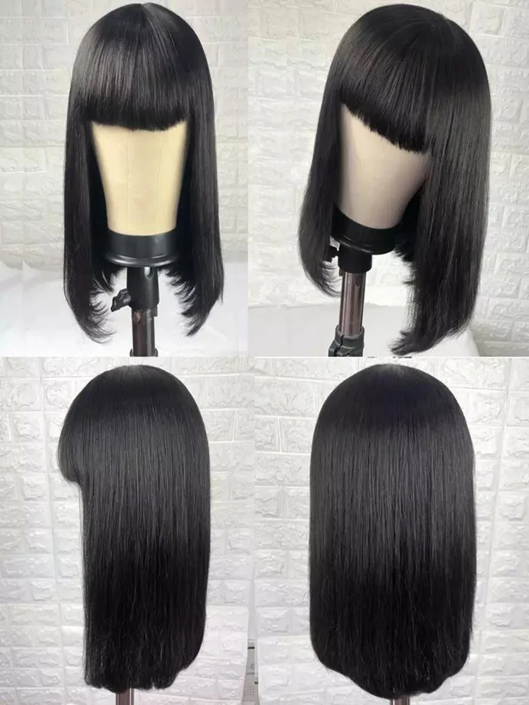 Peluca de cabello humano con flequillo para mujeres negras, Bob corto, 100%, barato, brasileño, negro, recto, 28, 30 pulgadas