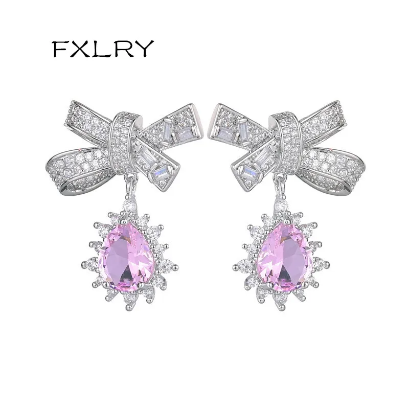 

FXLRY Elegant Pink Crystal Drop Bow Inlaid Zircon Earrings For Women Fashion Bridal Wedding Jewelry Available in multiple colors