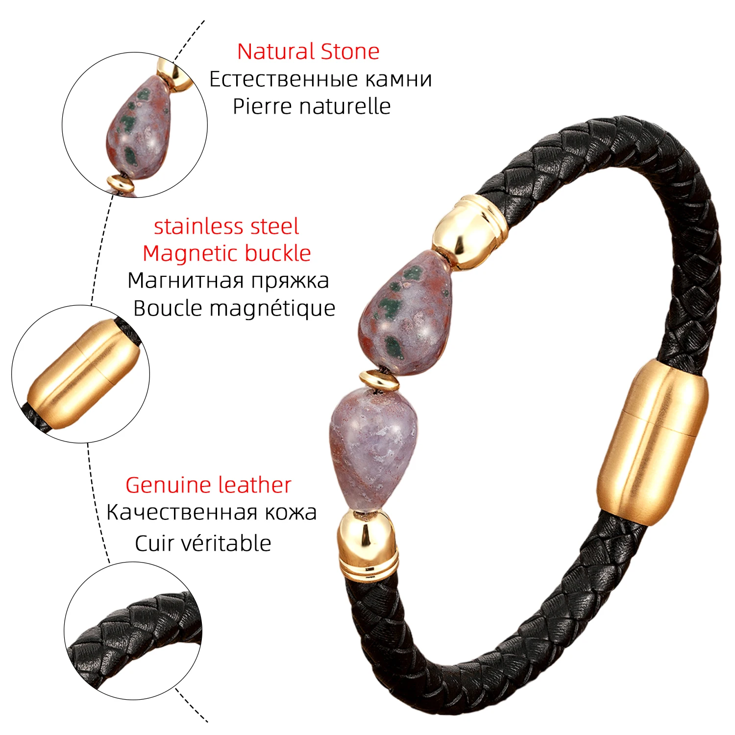 Newest Design Genuine Leather Charms Bracelets For Women Stainless Steel Magnetic Clasp Simple Natural Stone Bracelet & Bangle
