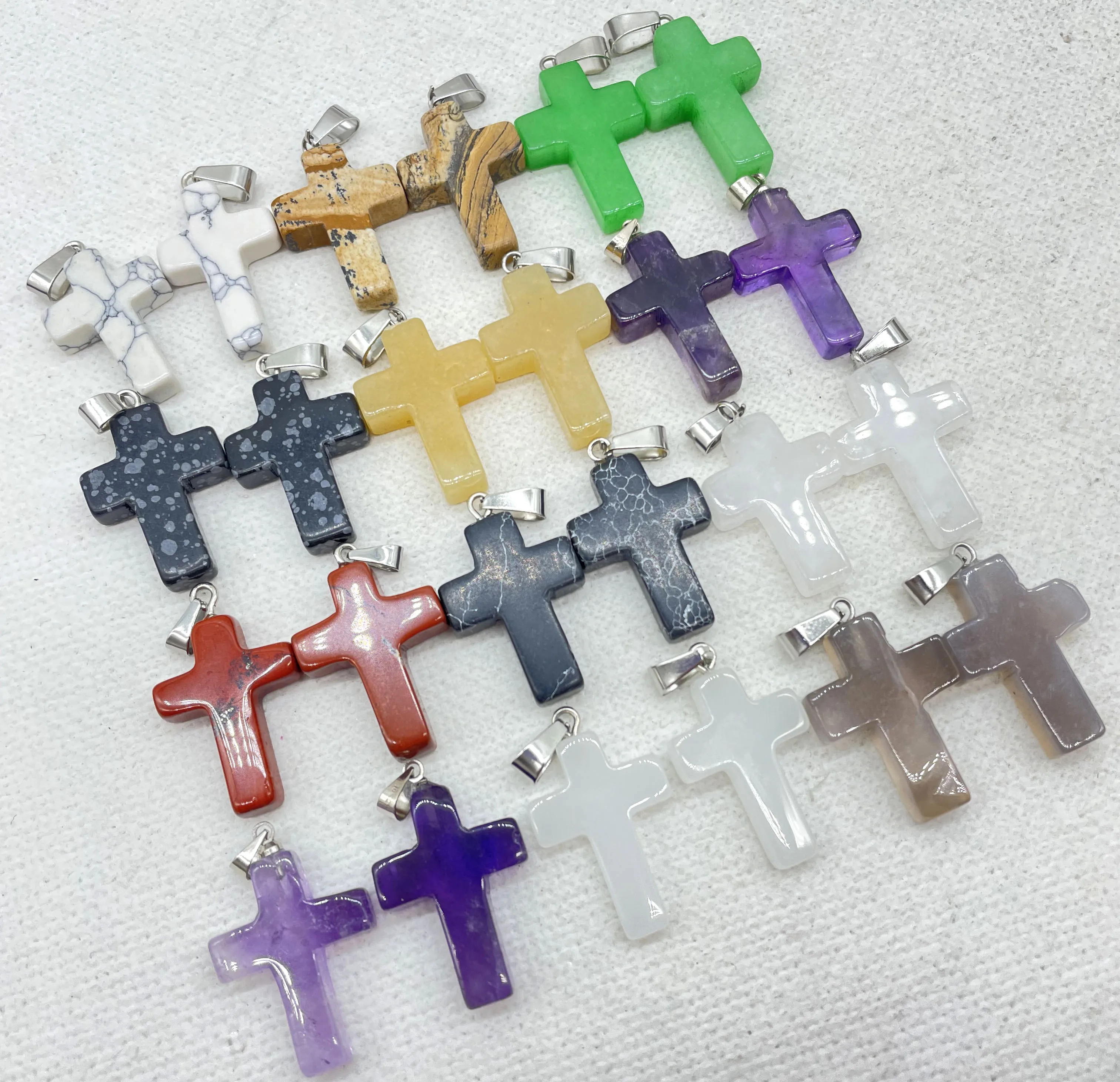 High quality Natural Gem stone Quartz Crystal amethyst Cross pendants for charm Diy Jewelry making Necklaces Accessories 24PCS