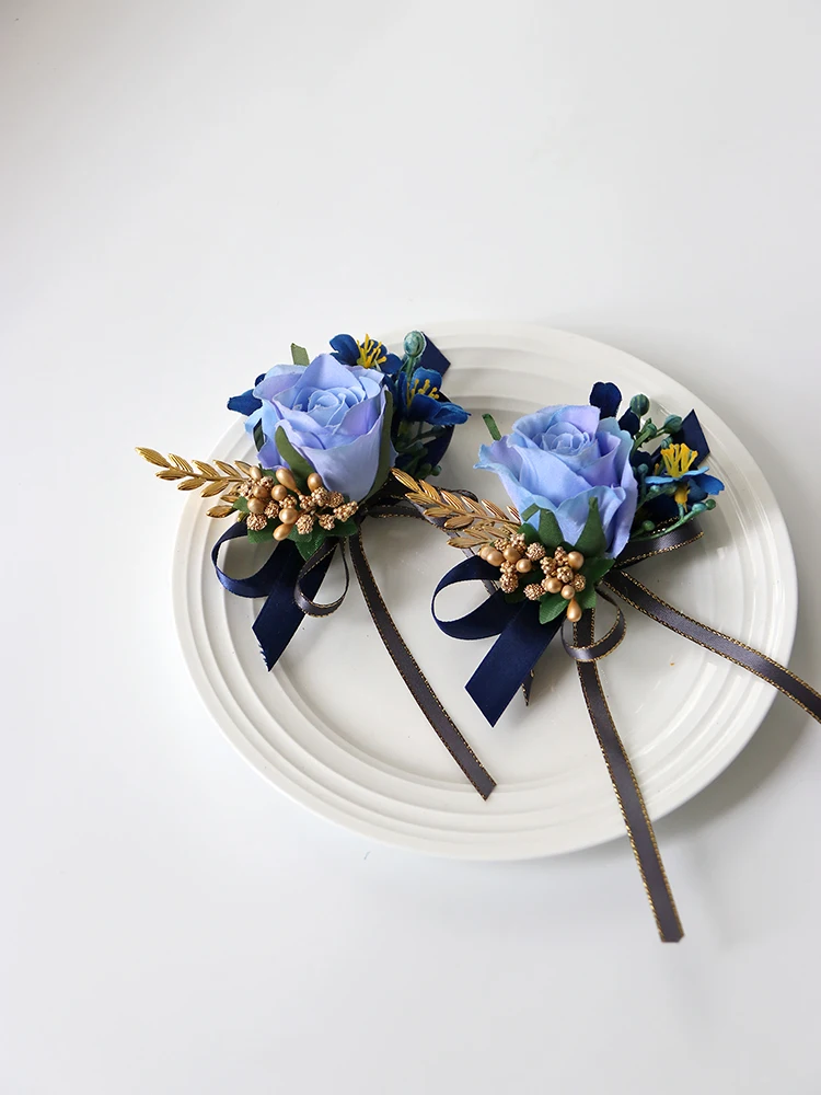 Corsetti di seta GT boutonnieri blu decorazione di cerimonia nuziale matrimonio rosa polso corpetto Pin Boutonniere fiori per gli ospiti