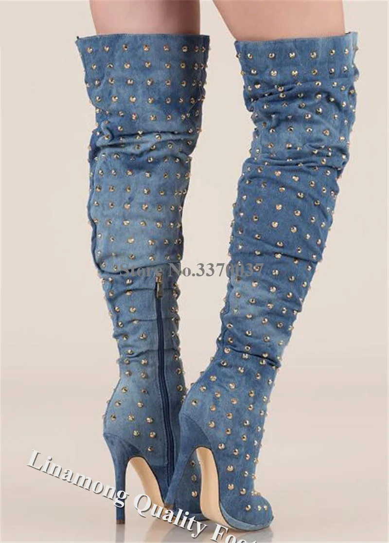 Western Fashion Peep Toe Denim Over Knee Stiletto Heel Gold Rivet Boots Blue Black Long High Heel Boots Dress Heels Shoes