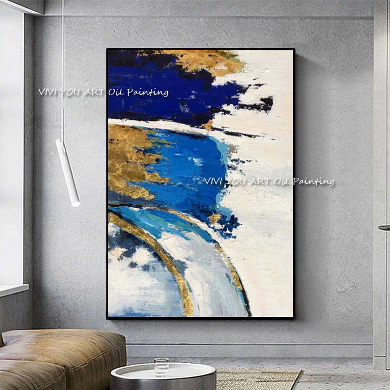 large size hand painted thick gold foil modern blue knife abstract oil painting on canvas Living room no frame textured art