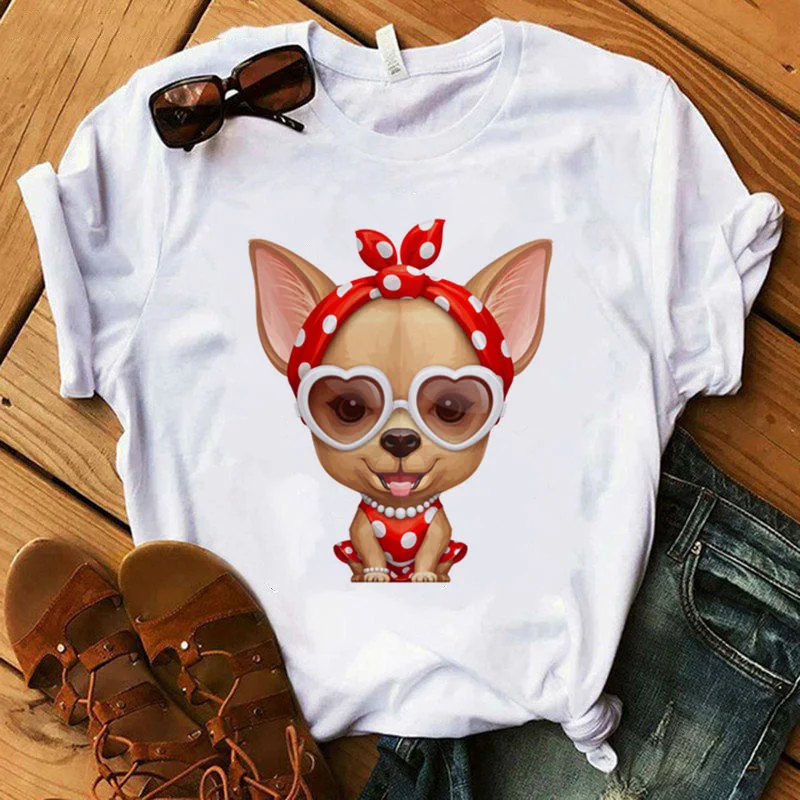 Women Funny Dog Design Lovely Girl Chihuahua Print T-shirt Tops Summer New Fashion Short Sleeved T-shirt  Girl,Drop Ship