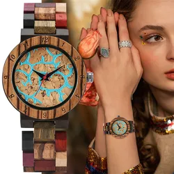 Full Wood Women Bracelet Watch Blue Lava Dial Mixed Color Wooden Watch Band Trend Lady Quartz Wristwatch Female Timepiece