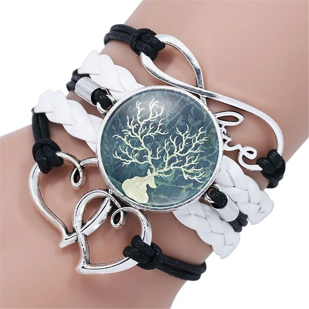 

10PC Love Elk Double Heart Leaves Bird Glass Cabochon Charm leather wrap bracelets & bangles for women men Bracelet Jewelry