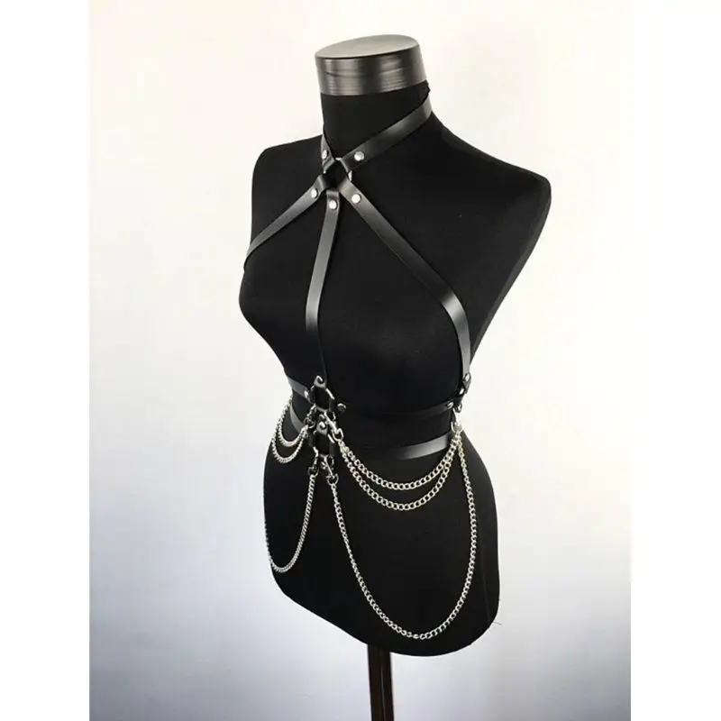 

Womens Punk Faux Leather Waist Belt Halter Neck Body Chest Harness with Chain