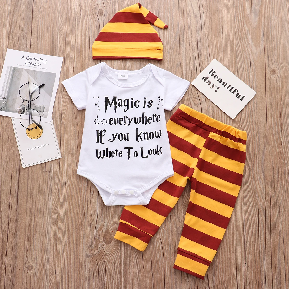 Newborn Baby Clothes 2024 New Summer Magic Is Everywehre Letter Print Romper+Pants+Hat Headband 3PCS Baby Boy Girl Clothing Sets