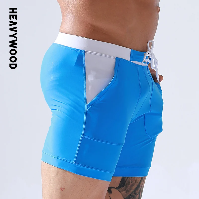 Heavywood Summer Men\'s Swimming Trunks Quick Drying Swim Shorts Nlyon Drawstring Pockets Lining Stretching Quarter Beach Pants