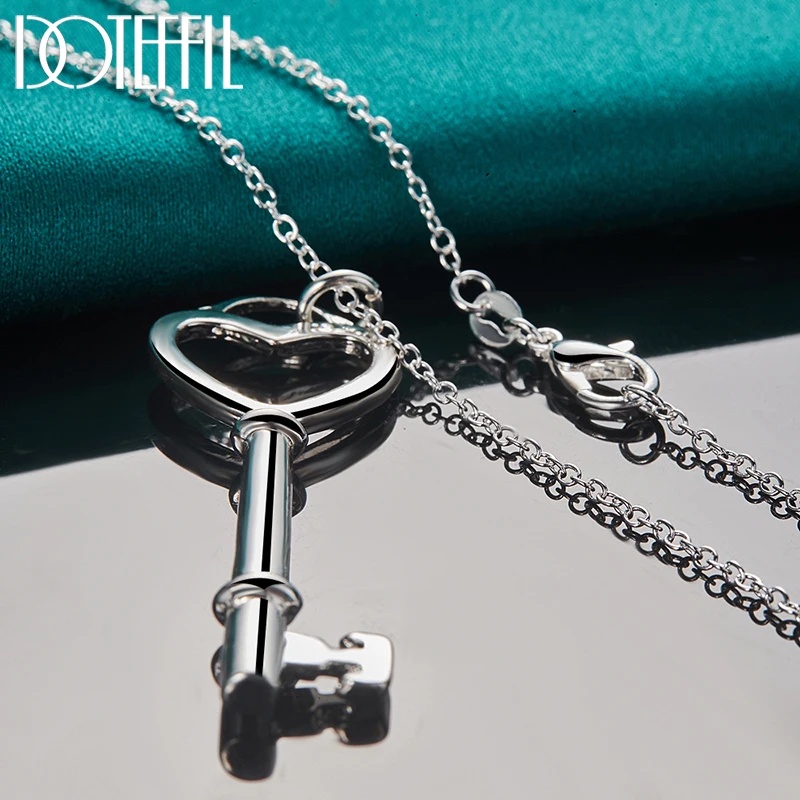 DOTEFFIL 925 Sterling Silver Heart Key Pendant Necklace 16-30 inch Snake Chain For Woman Fashion Engagement Charm Jewelry