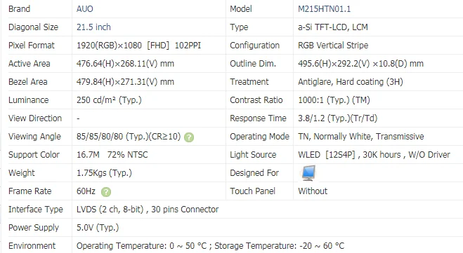 Layar LCD Laptop 21.5 "Inci M215HTN01.1 Asli