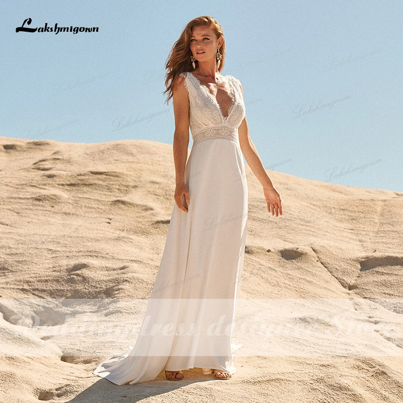 Nieuwe V-Hals Kant Boho Strand Trouwjurken Vrouwen Rugloze Chiffon Eenvoudig Een Lijn Bohemien Bruidsjurk Vestido De Novia