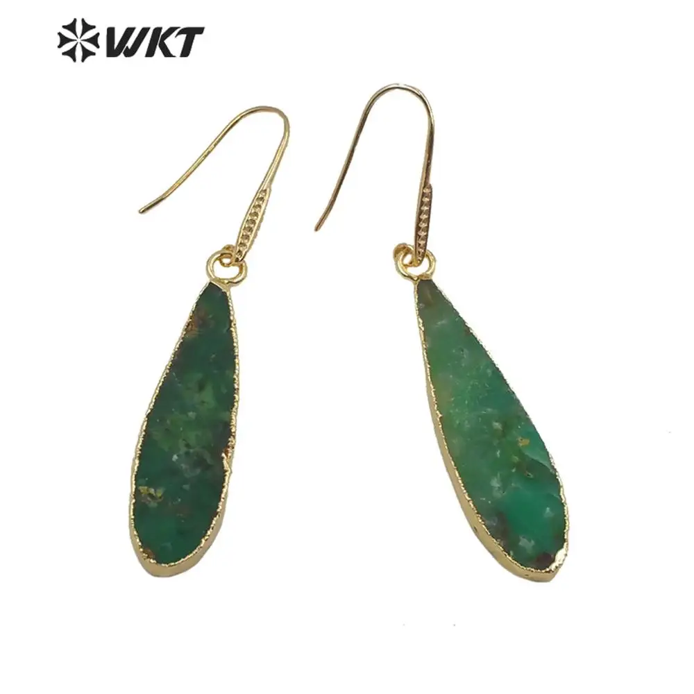 

WT-E611 Wholesale Natural Stone Long Pear Shape Teardrop Hook Earrings Pink Quartz And Chrysoprase As Gift Jewelry Finding