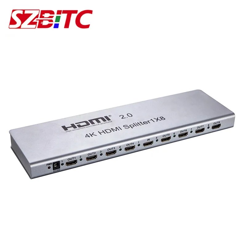 SZBITC 1x8 HDMI Splitter 4K@60HZ HDMI2.0 Distributer 1 in 8 Out Converter With EDID RS232 Support IR Extender PC DVD to TV