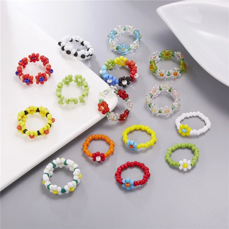 15 Style Korean Colorful Bohemia Small Flower Ring Handmade Multi Beaded Rice Beads Ring For Women  Beach Jewelry Gifts