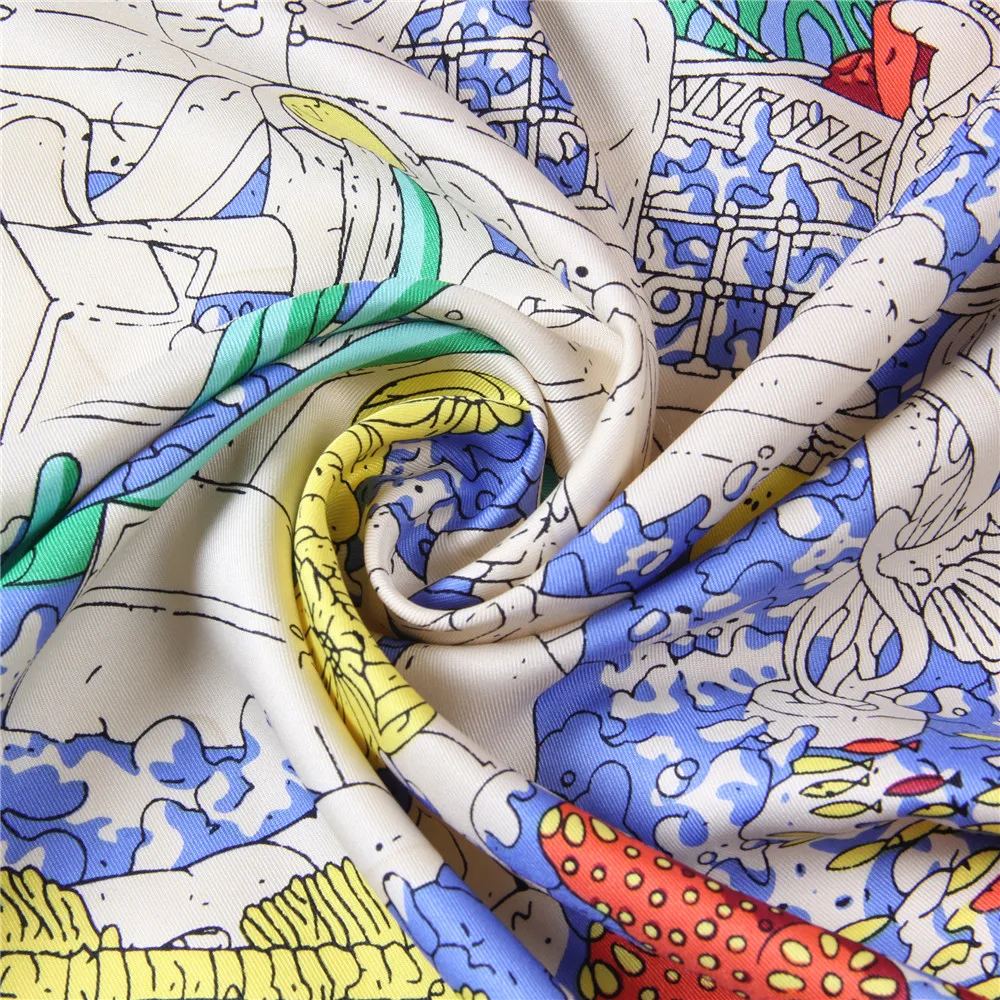 Sciarpa di seta Twill arrotolata a mano manuale donna Ocean City stampa sciarpe quadrate Echarpes Foulards arricciati Femme Wrap Bandana Hijab 90CM