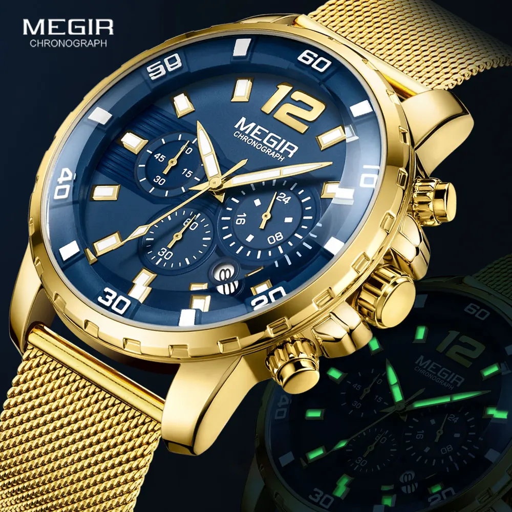 Megir 2020 orologi sportivi alla moda da uomo Luxury Top Brand Blue Face cronografo orologio da polso al quarzo orologio con cinturino in maglia