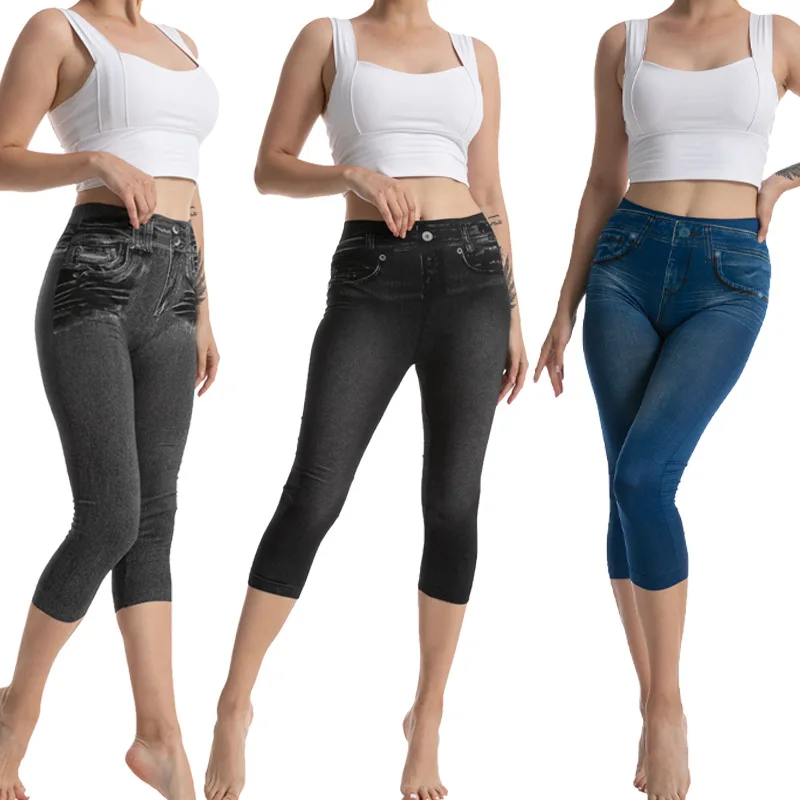 Slim Women Faux Jeans Leggings Stretch Short Leggings High Waist Pants Plus Size Calf-Length Pants Summer Breeches