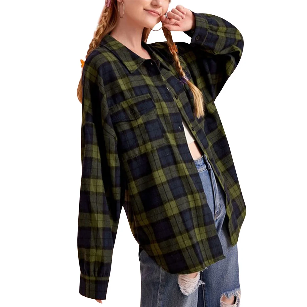 Womens Shirt Casual Plaid Turn-Down Collar Long Sleeve Tops Oversized Lapel Single-breasted Women\'s Y2k Vintage Plaid Shirts