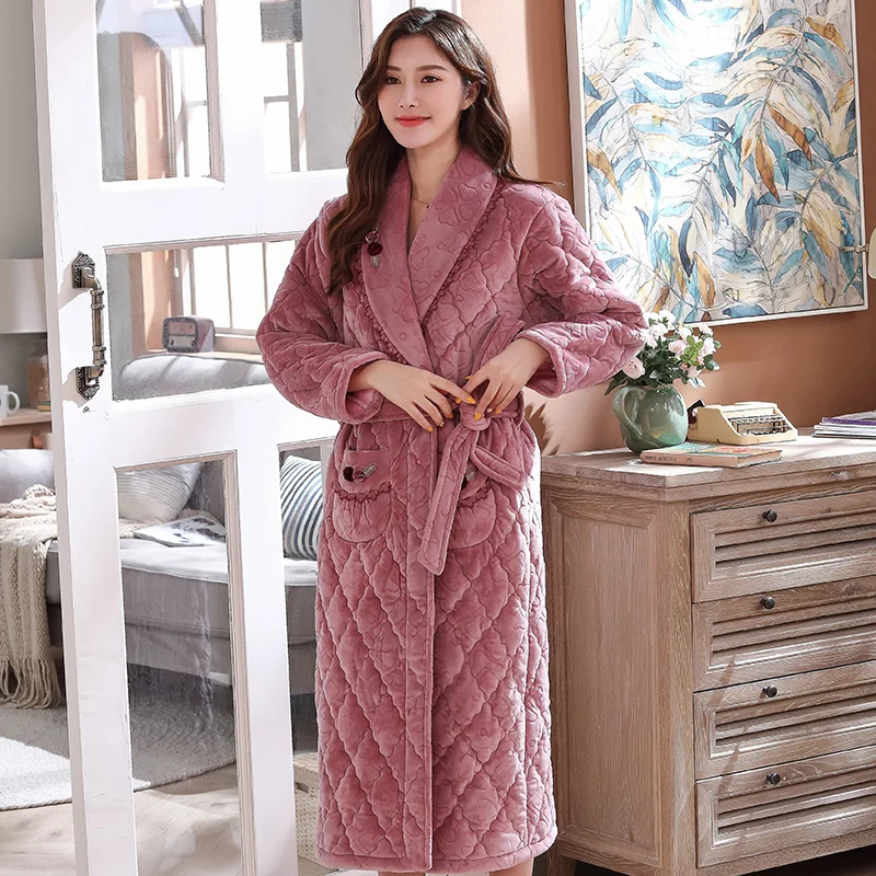 Women Long Warm Three Layers Quilted Coral Fleece Bathrobe Winter Thick Flannel Thermal Robe Kimono Dressing Gown Bride Peignoir