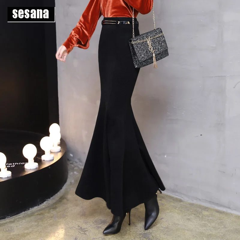 Women's Woolen Mermaid Midi Skirt with Belt, High Waist, Back Zipper, Fly, Office Lady, Elegant Fashion, Autumn, Winter