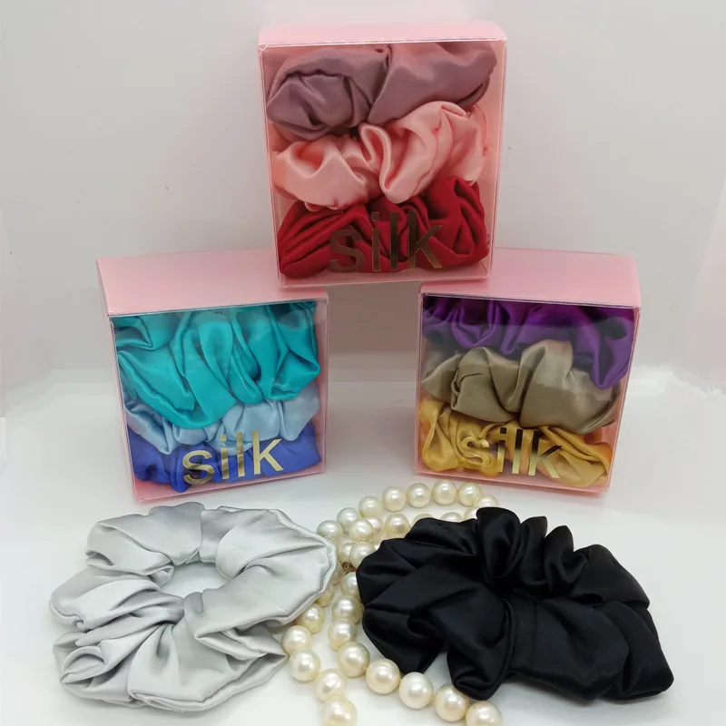 3pcs 3.5cm silk scrunchies pack elastic Hair bands 100% Real Silk Women Girl Hair Accessories lady hair hoop ties by packing box