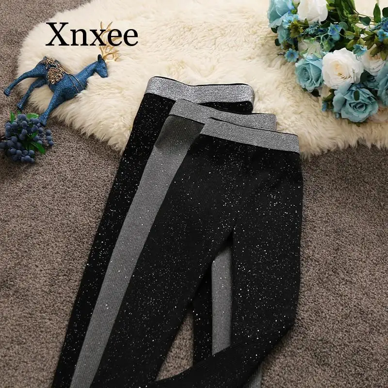 

Autumn Winter Women Legging High-waist Bright Silk Pencil Pants Female Solid Slim Knitted Trousers Bottom Leggings Sport Gym