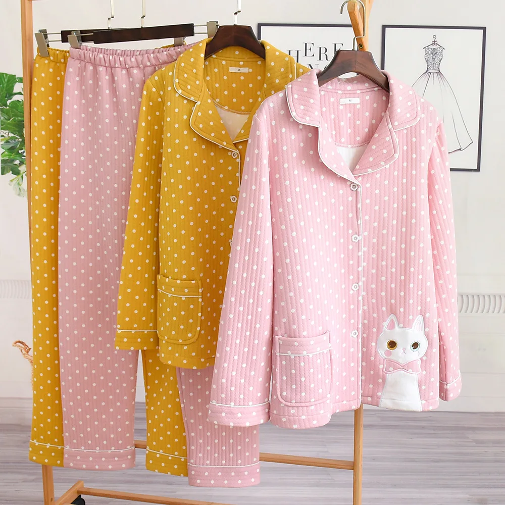 2024 Winter 100%Cotton Pajamas For Women Thick Warm Home Clothes Suit Kawaii Cat Embroidery Homewear Female Lounge Wear Autumn