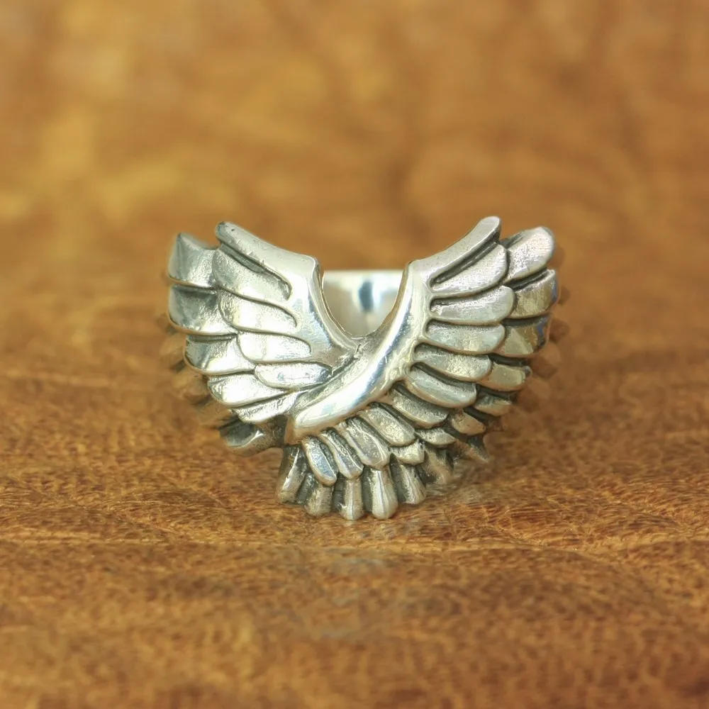 

LINSION 925 Sterling Silver Angel Wing Ring Mens Biker Rock Punk Ring TA164 US Size 7~15