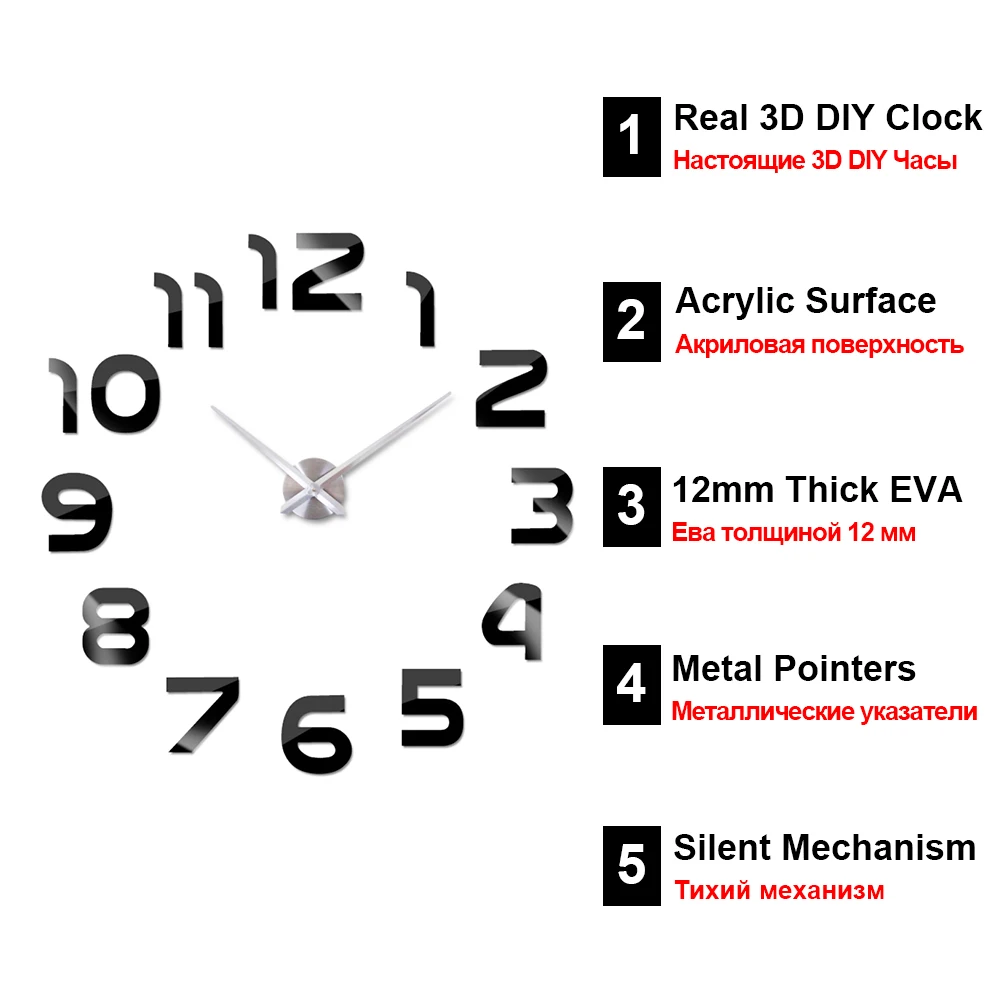 Large Wall Clock Sticker Acrylic Silent Digital Big 3D DIY Wall Clock Modern Design for Living Room Home Decor image 5