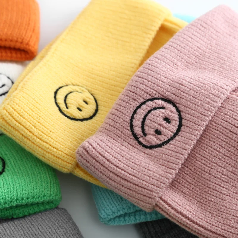 Baby Solid Color Cartoon Smile Embroidery Knitted Hats Kids Girls Boys Autumn Winter Warm Beanies Caps