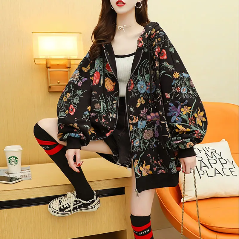 Winter Casual Retro Fleece Mid-length Women Hoody Sweatshirt Print Harajuku Beautiful Dragonfly Morning Glory Pullover Female