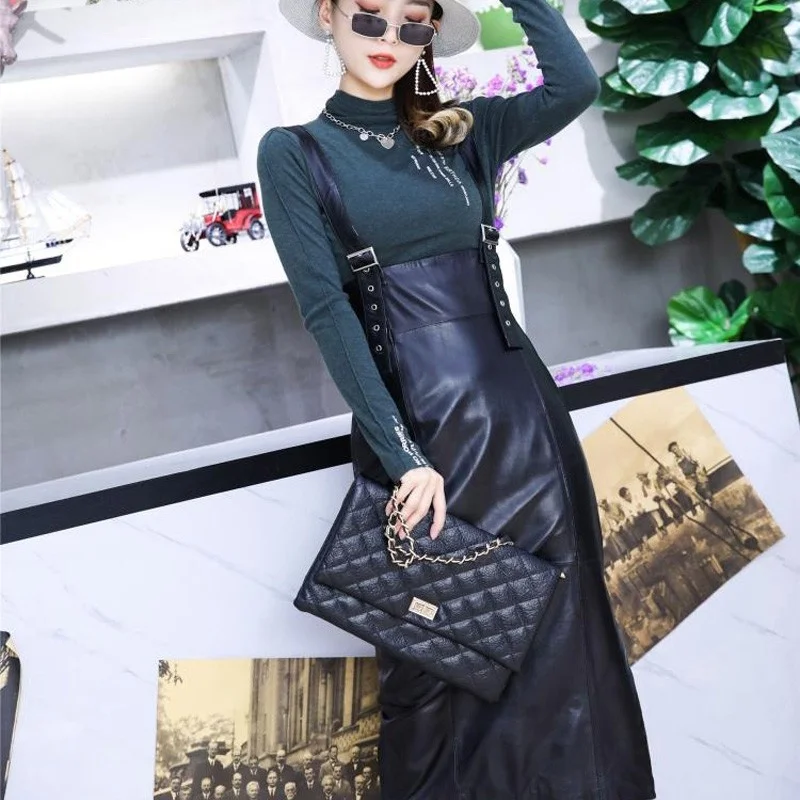 Women Harajuku Autumn High Waist Mid Calf Long Straps Dress Sheepskin Genuine Leather Suspender Dresses Slim Fit Ladies Dress