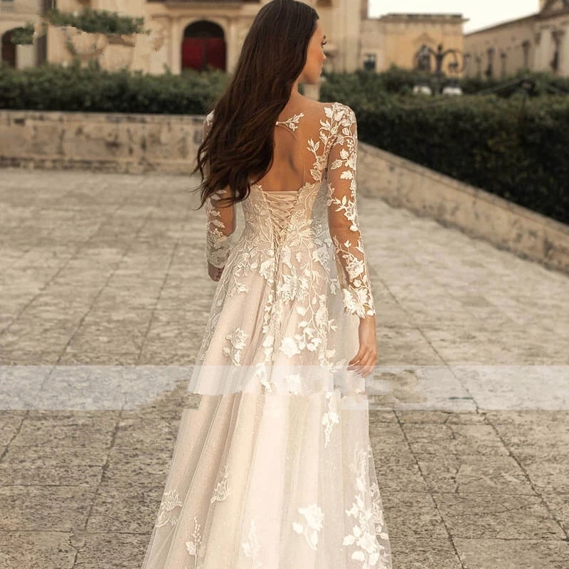 Vestido de casamento com Glitter de renda, X05, manga comprida, gola redonda, vintage, vestido de noiva de linha, renda, costas abertas, marfim elegante