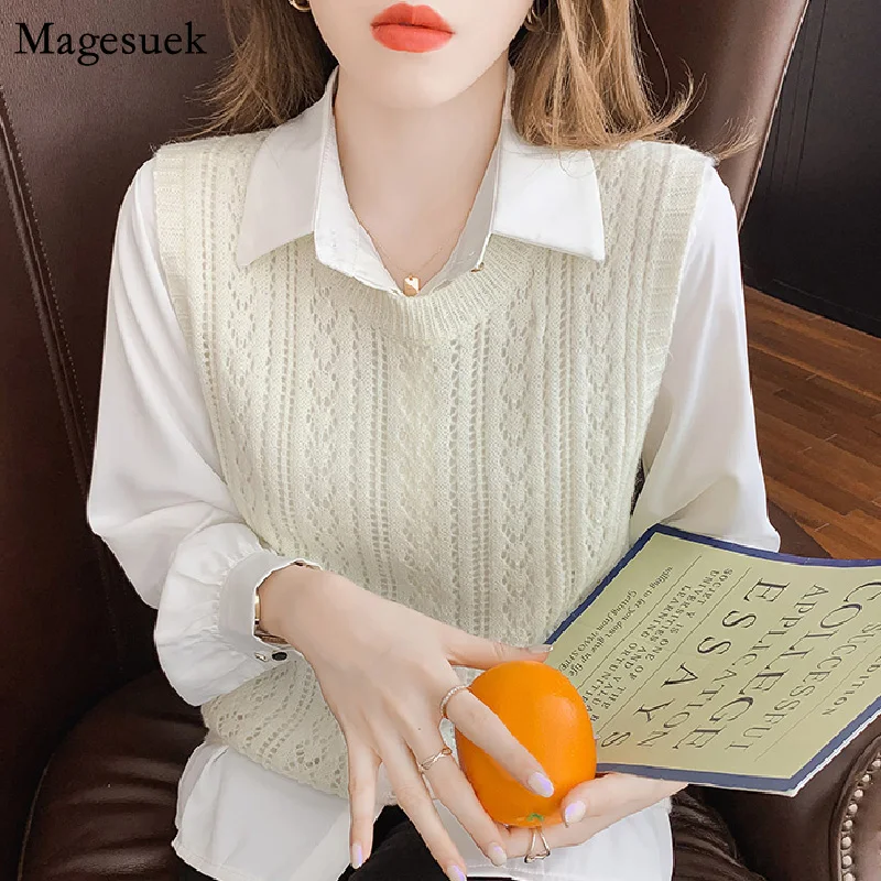 Knitted Pullover Women's Sweater Vest Autumn Winter 2021 Wool Solid Sleeveless Sweaters Preppy Style Loose Knit Vest Tops 16778