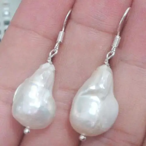 

12x18mm Genuine Natural WHITE BAROQUE KESHI PEARL 925 Sterling Silver Earrings